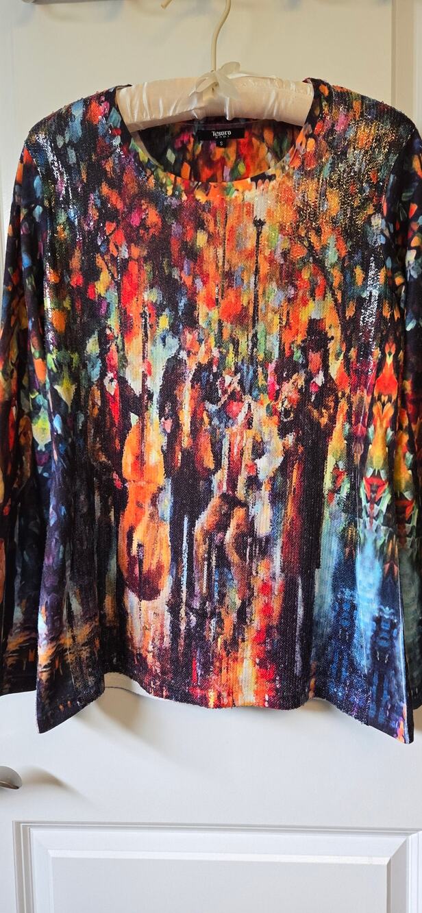 Artsy Jazz Womens LS Top "Glowing Music" Painting Palette Knife Sequins Small